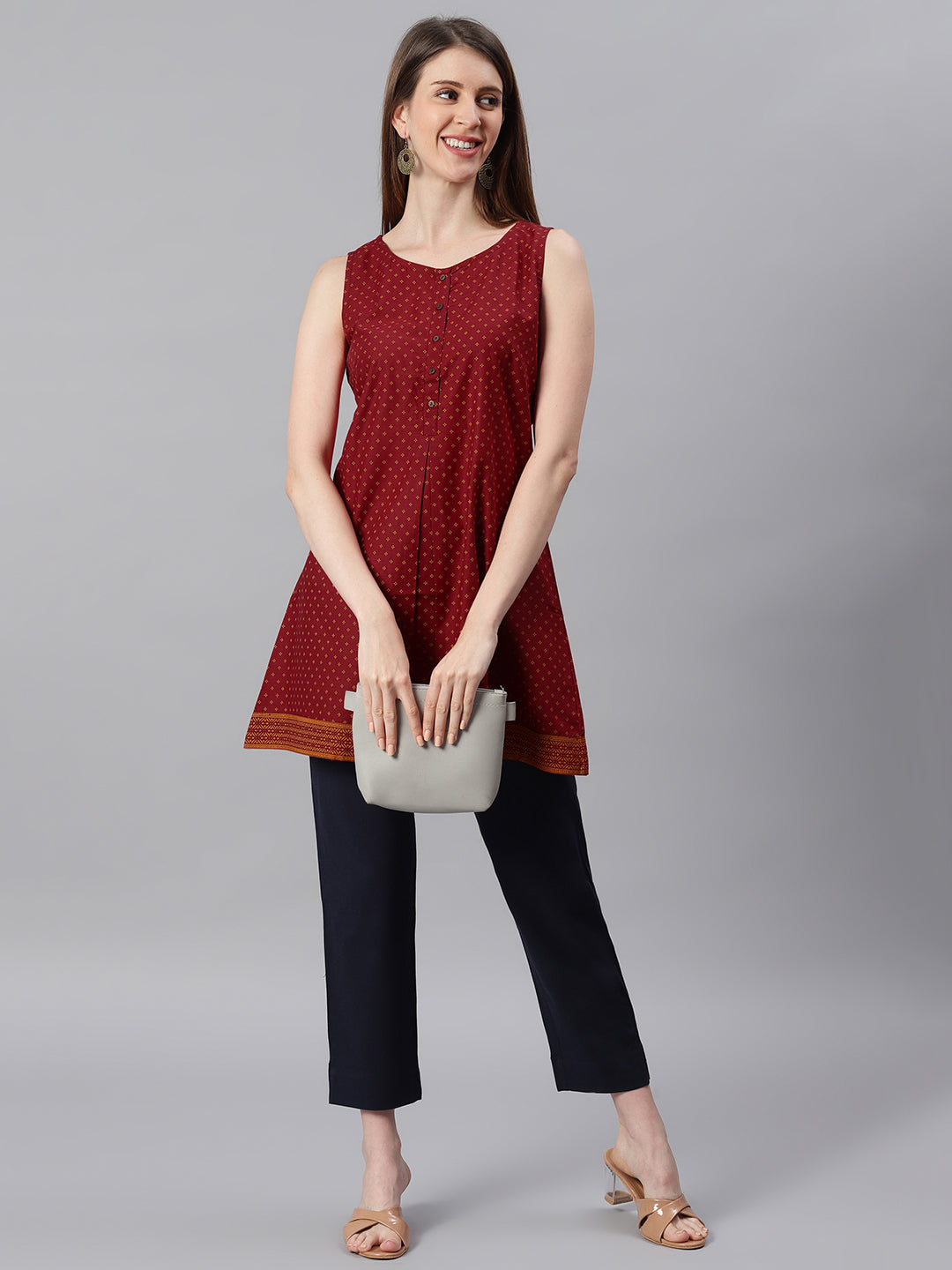 Janasya Women's Maroon Cotton Floral Print A-Line Tunic