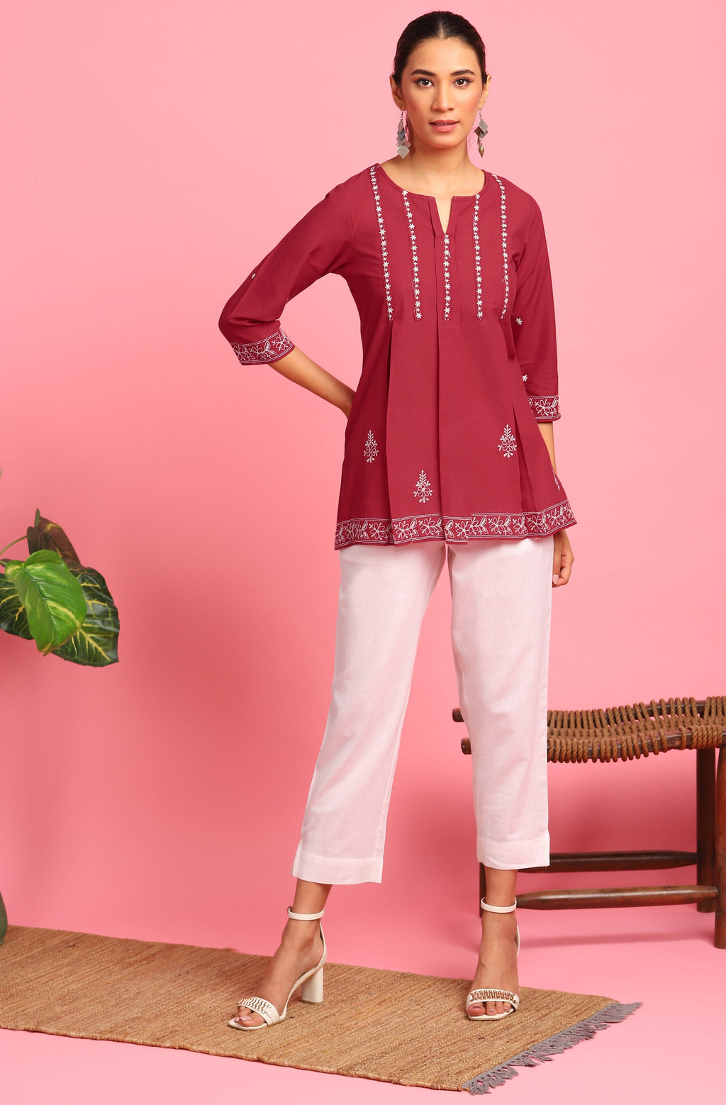 Janasya Women's Maroon Cotton Embroidered Trapeze Tunic