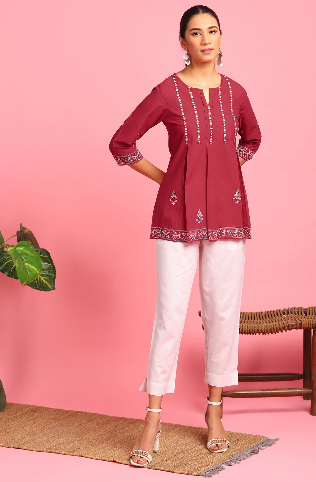 Janasya Women's Maroon Cotton Embroidered Trapeze Tunic