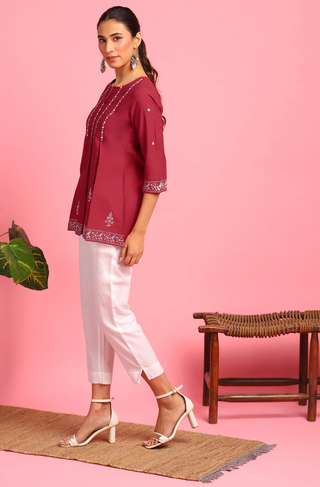Janasya Women's Maroon Cotton Embroidered Trapeze Tunic