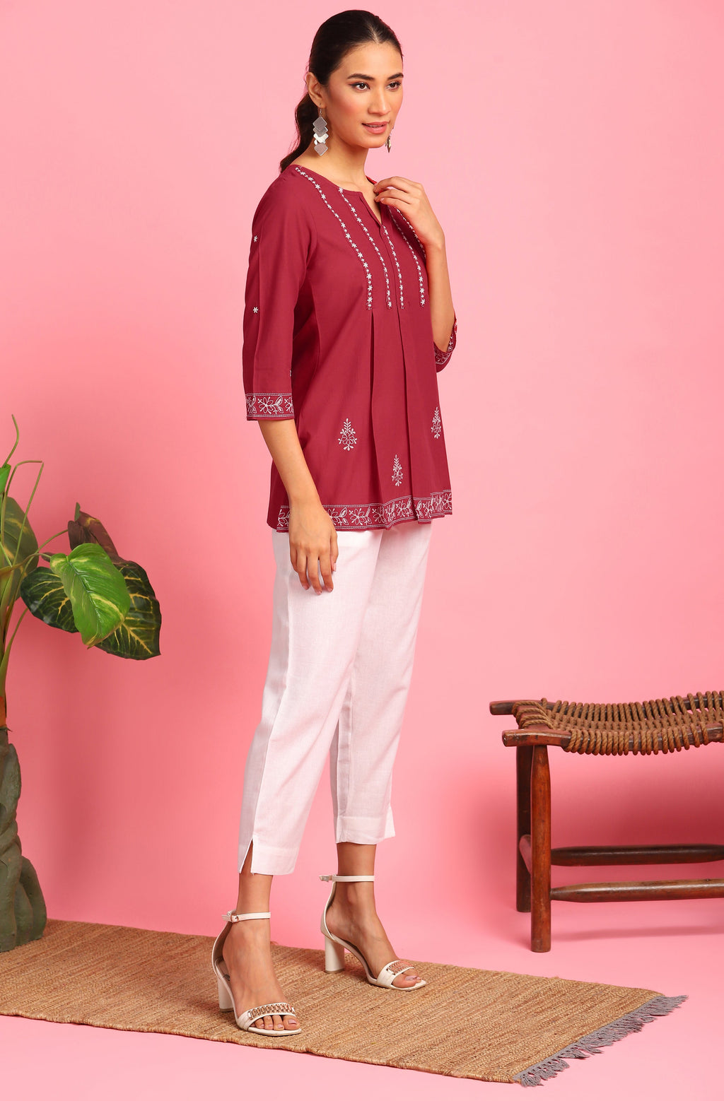 Janasya Women's Maroon Cotton Embroidered Trapeze Tunic