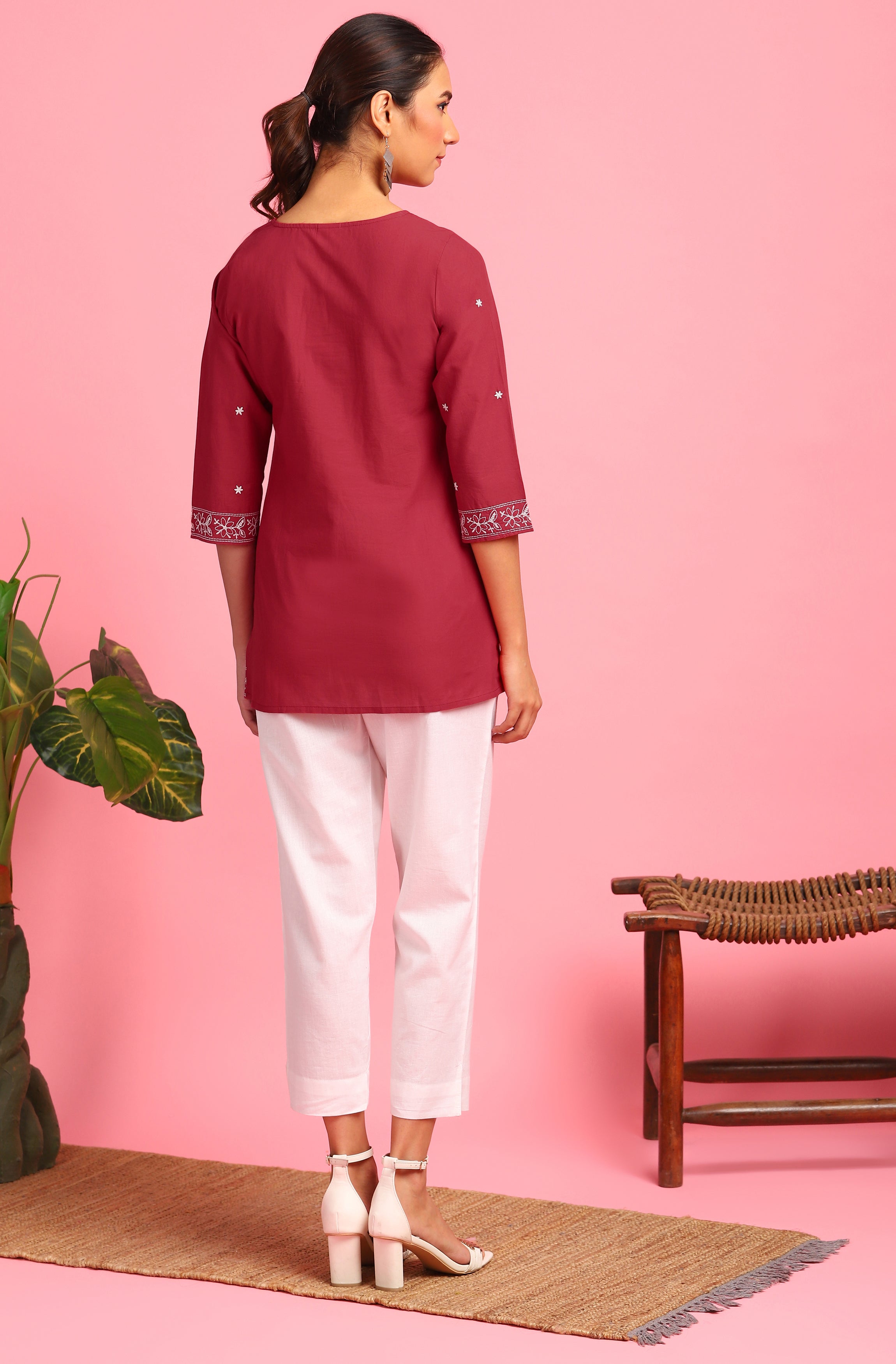 Janasya Women's Maroon Cotton Embroidered Trapeze Tunic