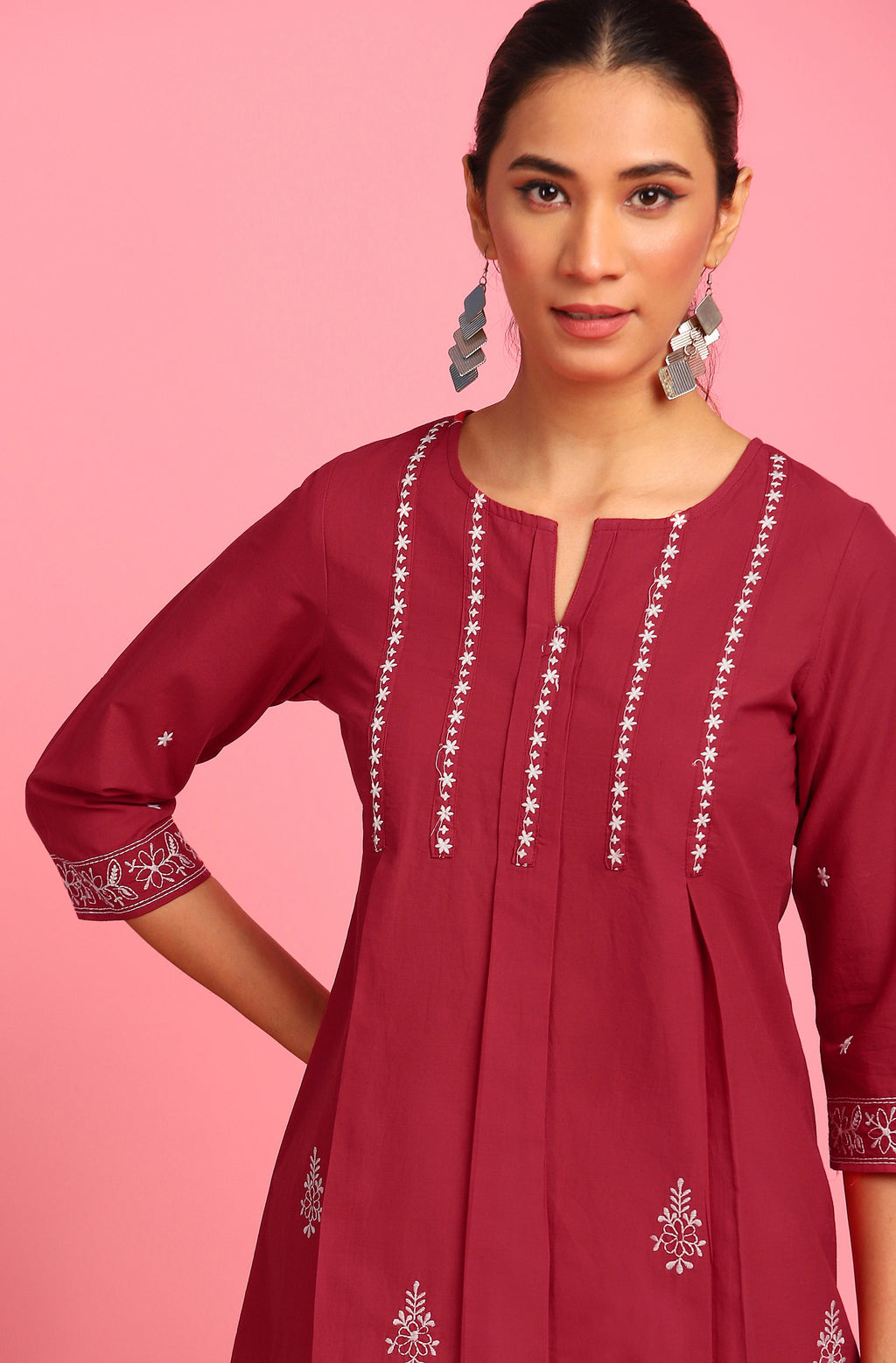 Janasya Women's Maroon Cotton Embroidered Trapeze Tunic