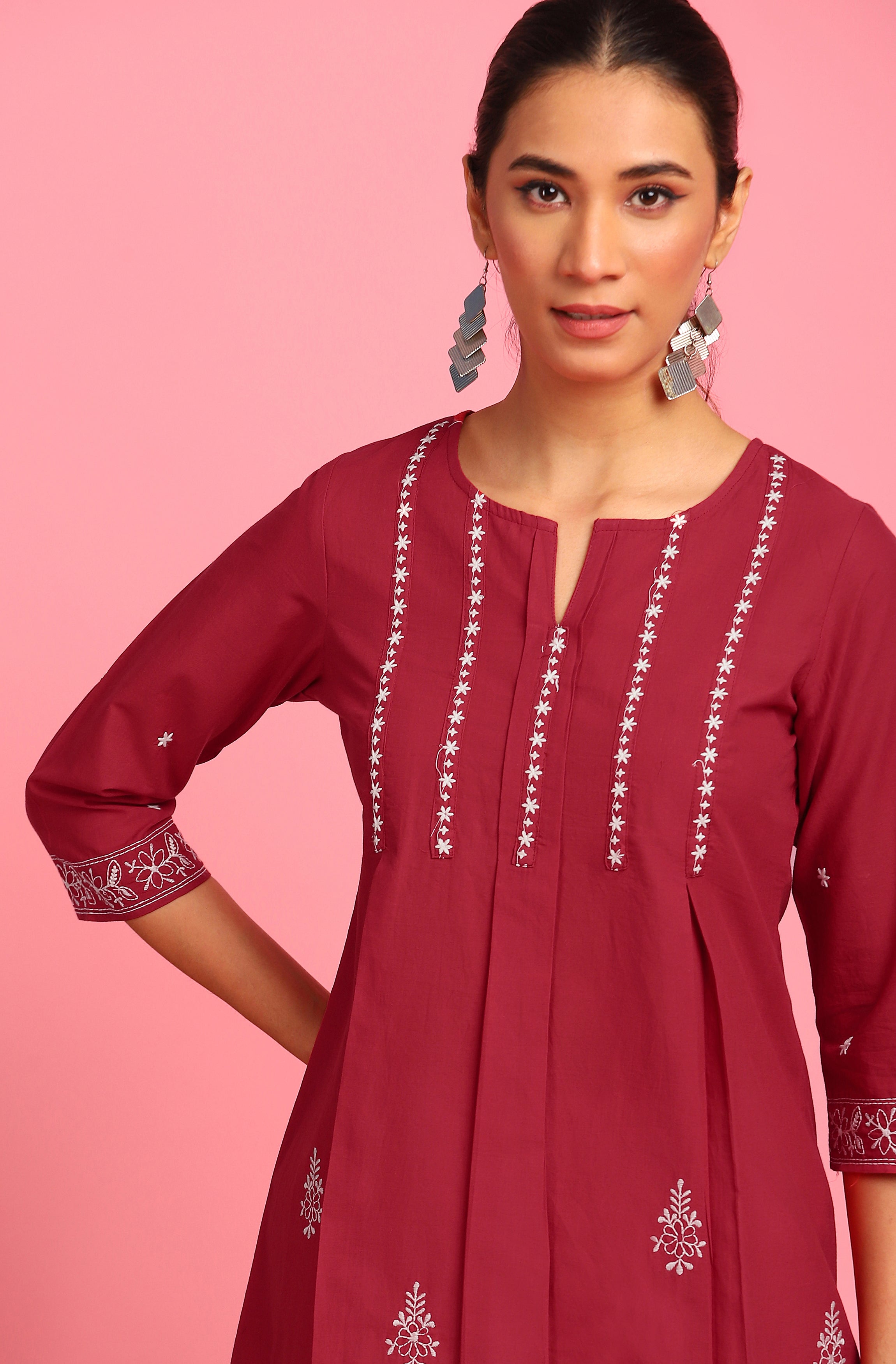 Janasya Women's Maroon Cotton Embroidered Trapeze Tunic