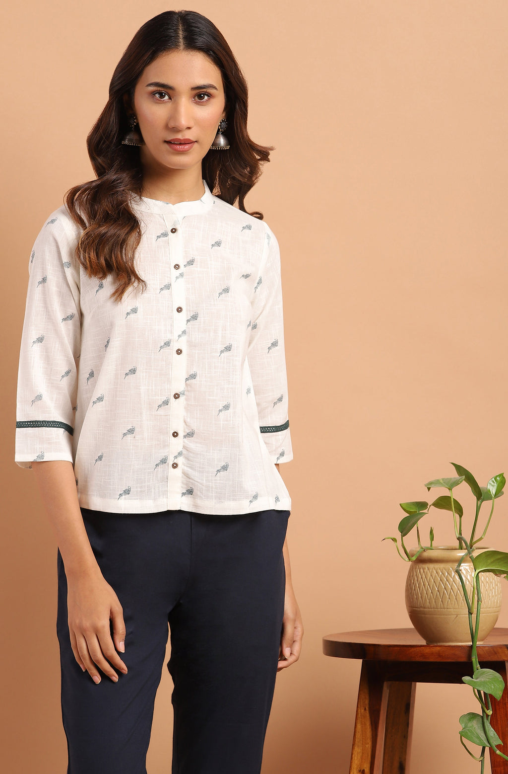 Janasya Women's Off White Cotton Slub Animal Print Shirt Style Top
