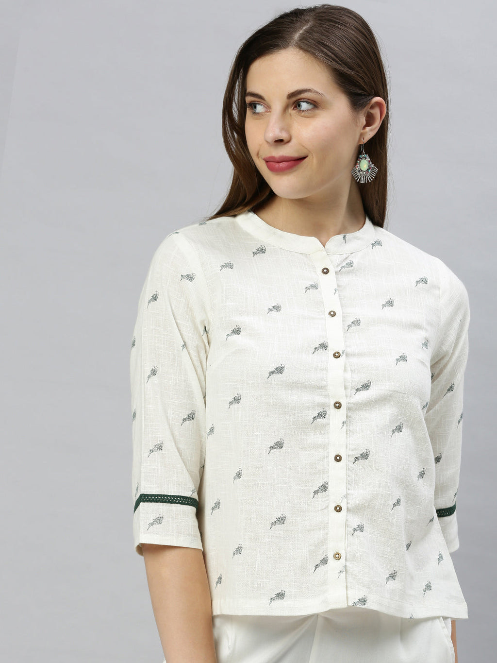 Janasya Women's Off White Cotton Slub Animal Print Shirt Style Top