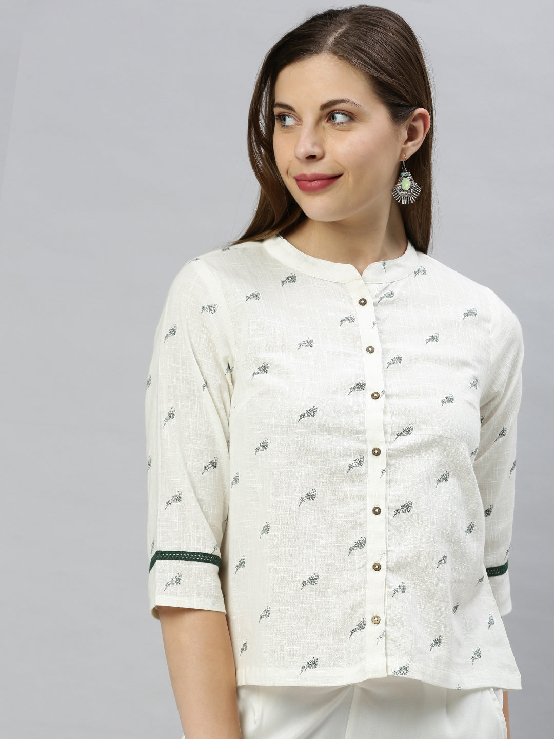 Janasya Women's Off White Cotton Slub Animal Print Shirt Style Top