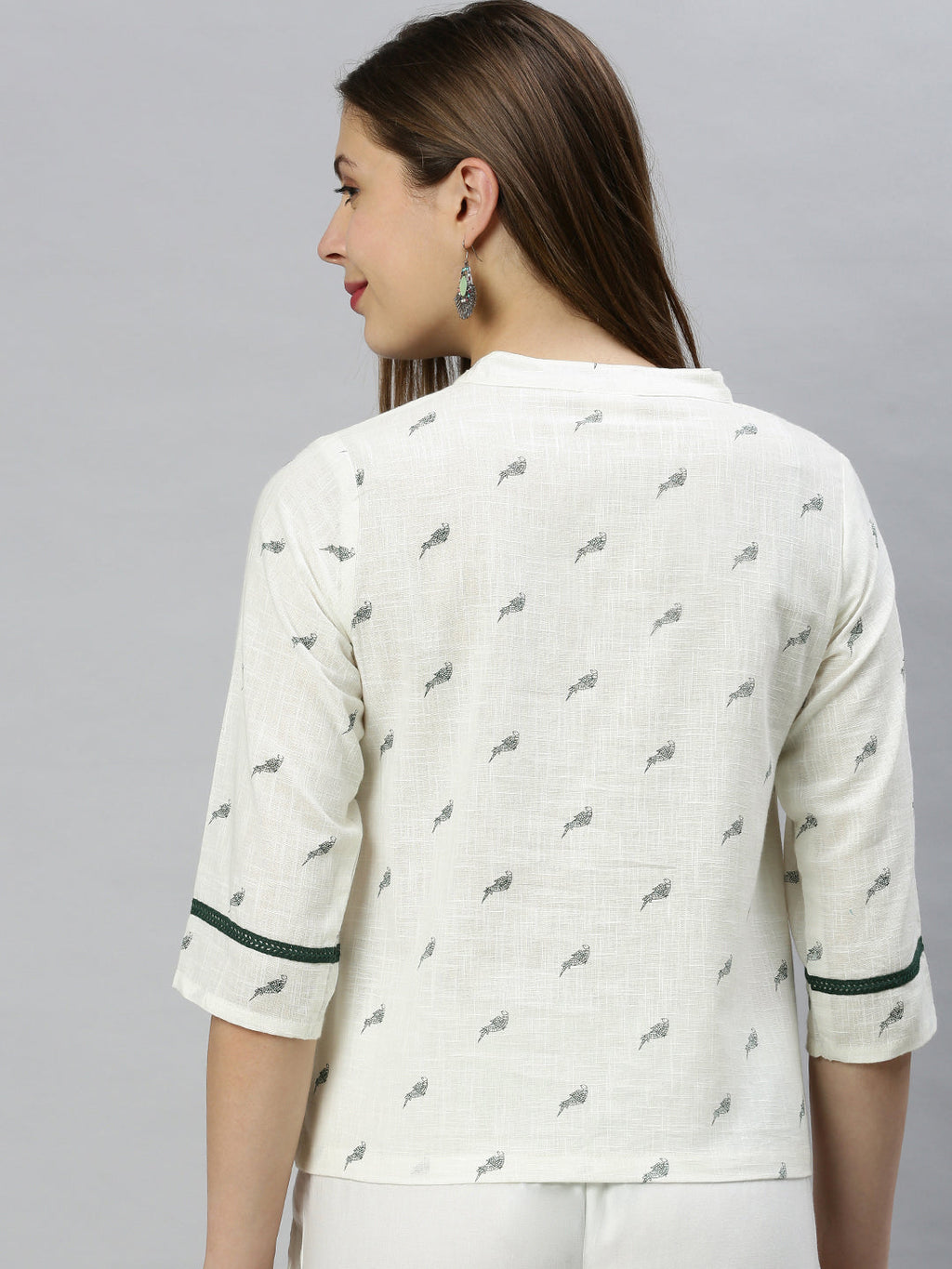 Janasya Women's Off White Cotton Slub Animal Print Shirt Style Top