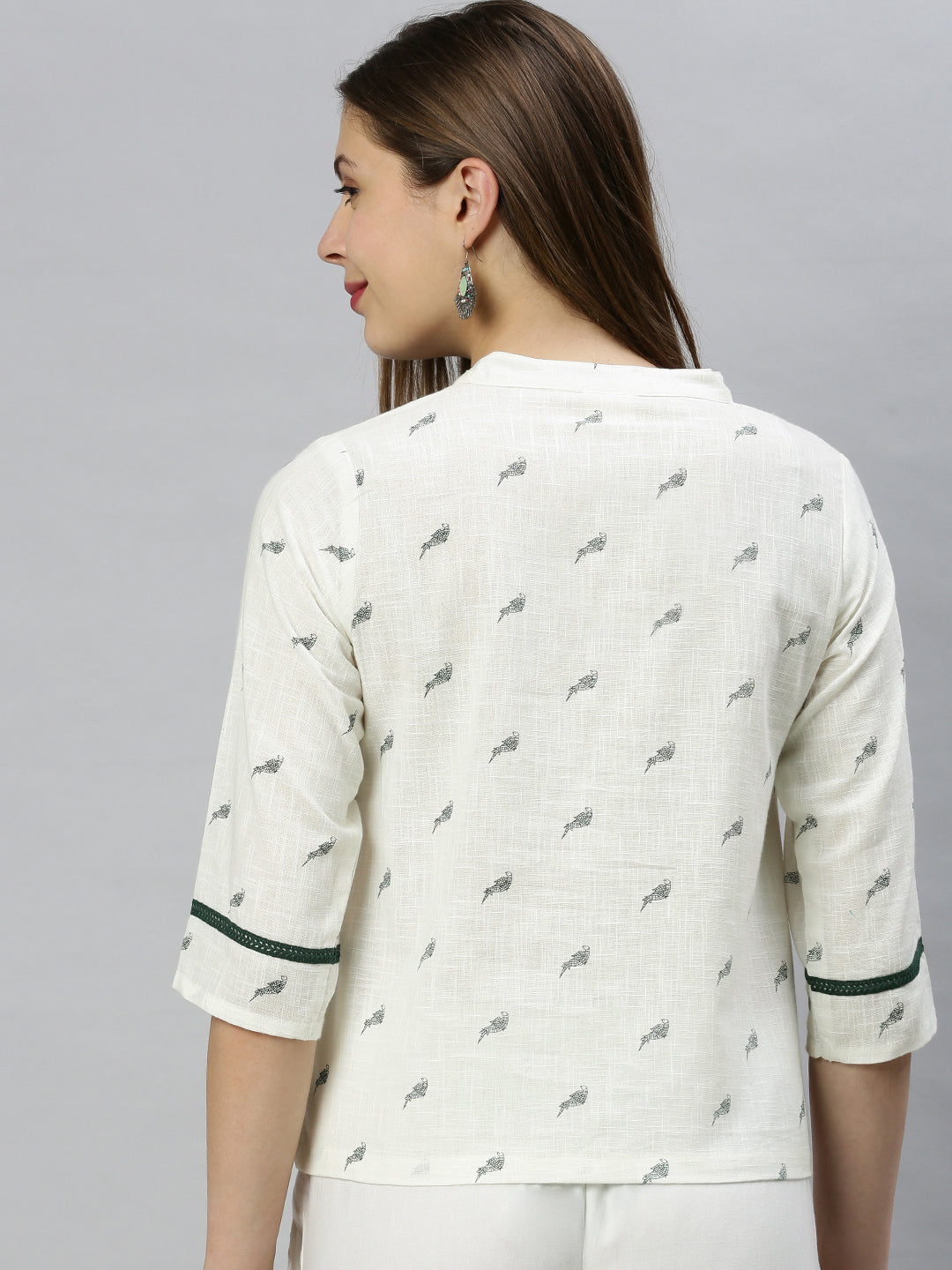 Janasya Women's Off White Cotton Slub Animal Print Shirt Style Top