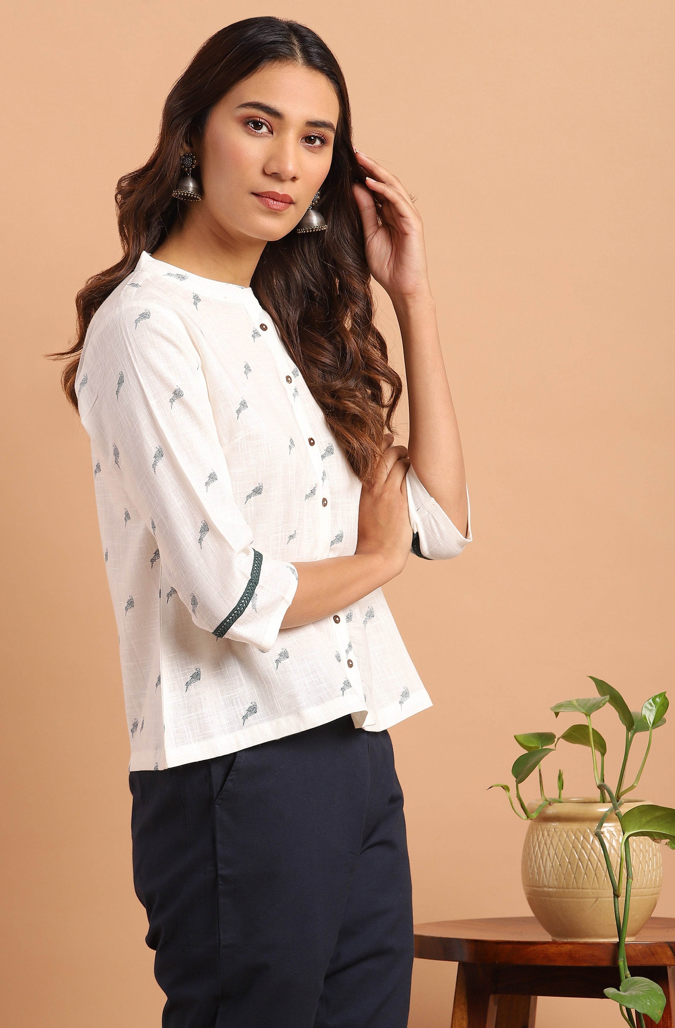 Janasya Women's Off White Cotton Slub Animal Print Shirt Style Top