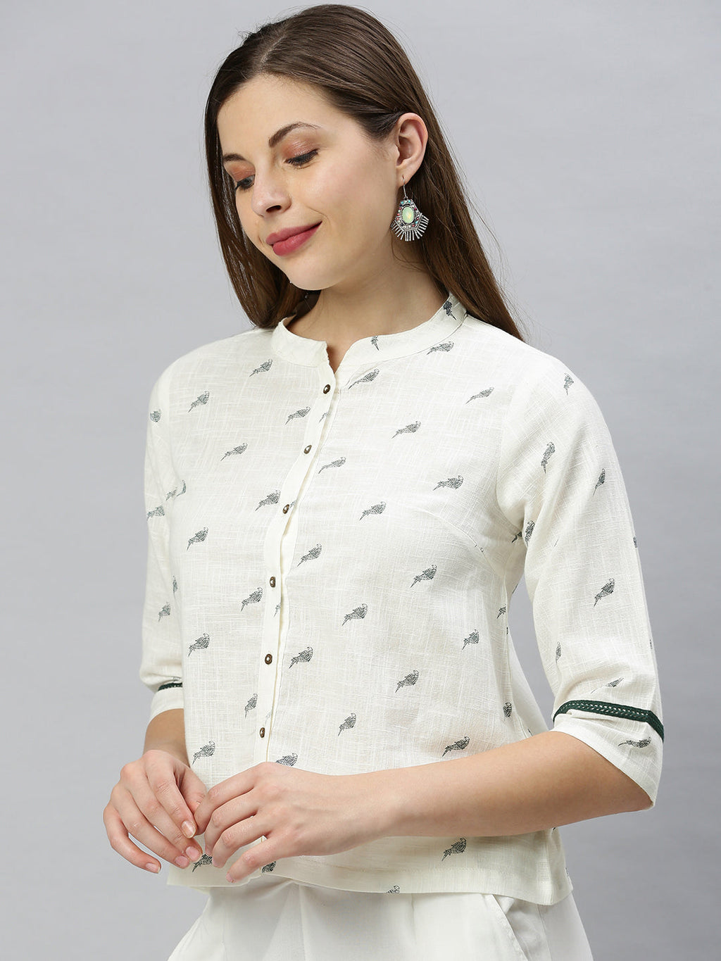 Janasya Women's Off White Cotton Slub Animal Print Shirt Style Top