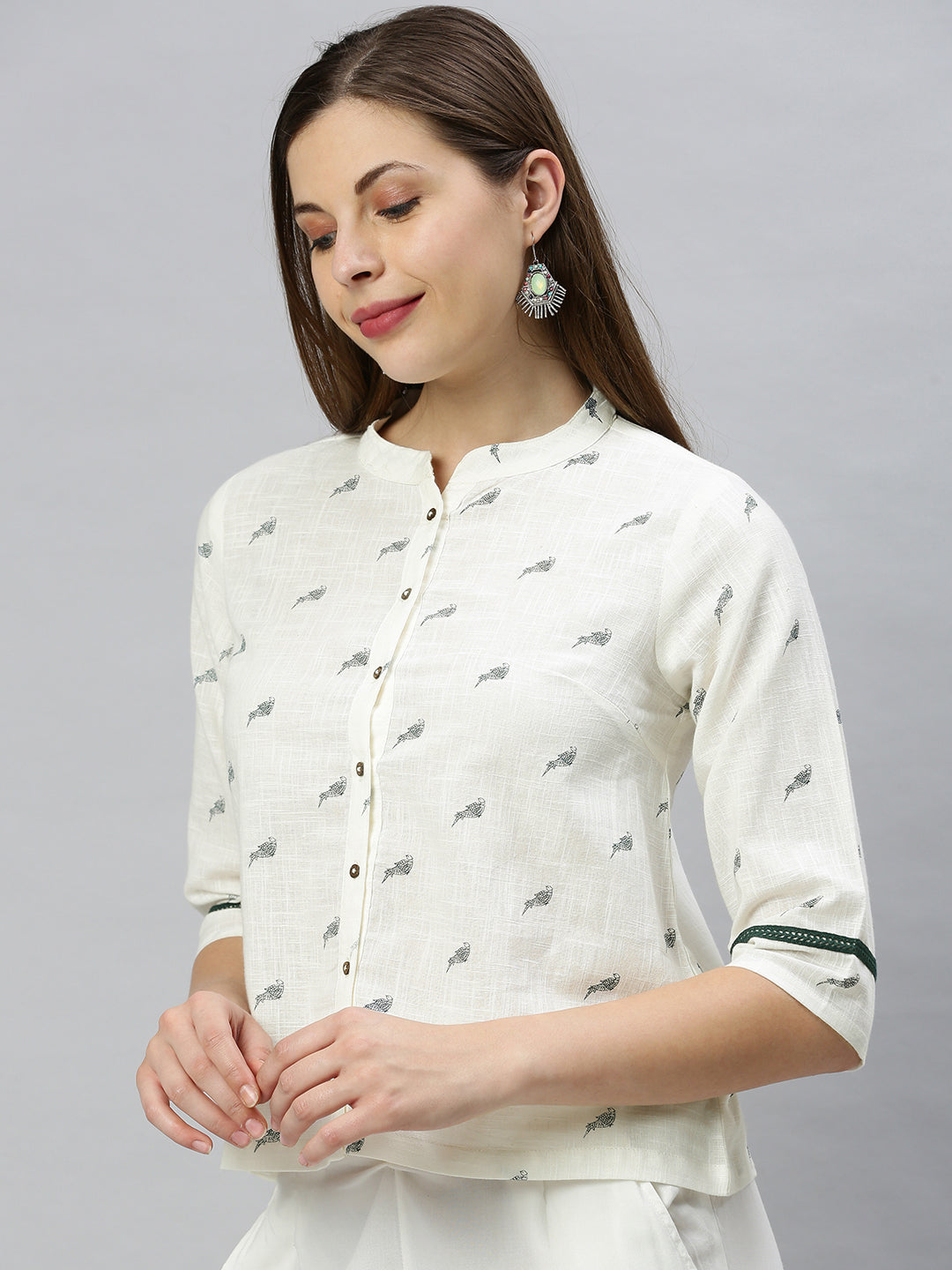 Janasya Women's Off White Cotton Slub Animal Print Shirt Style Top