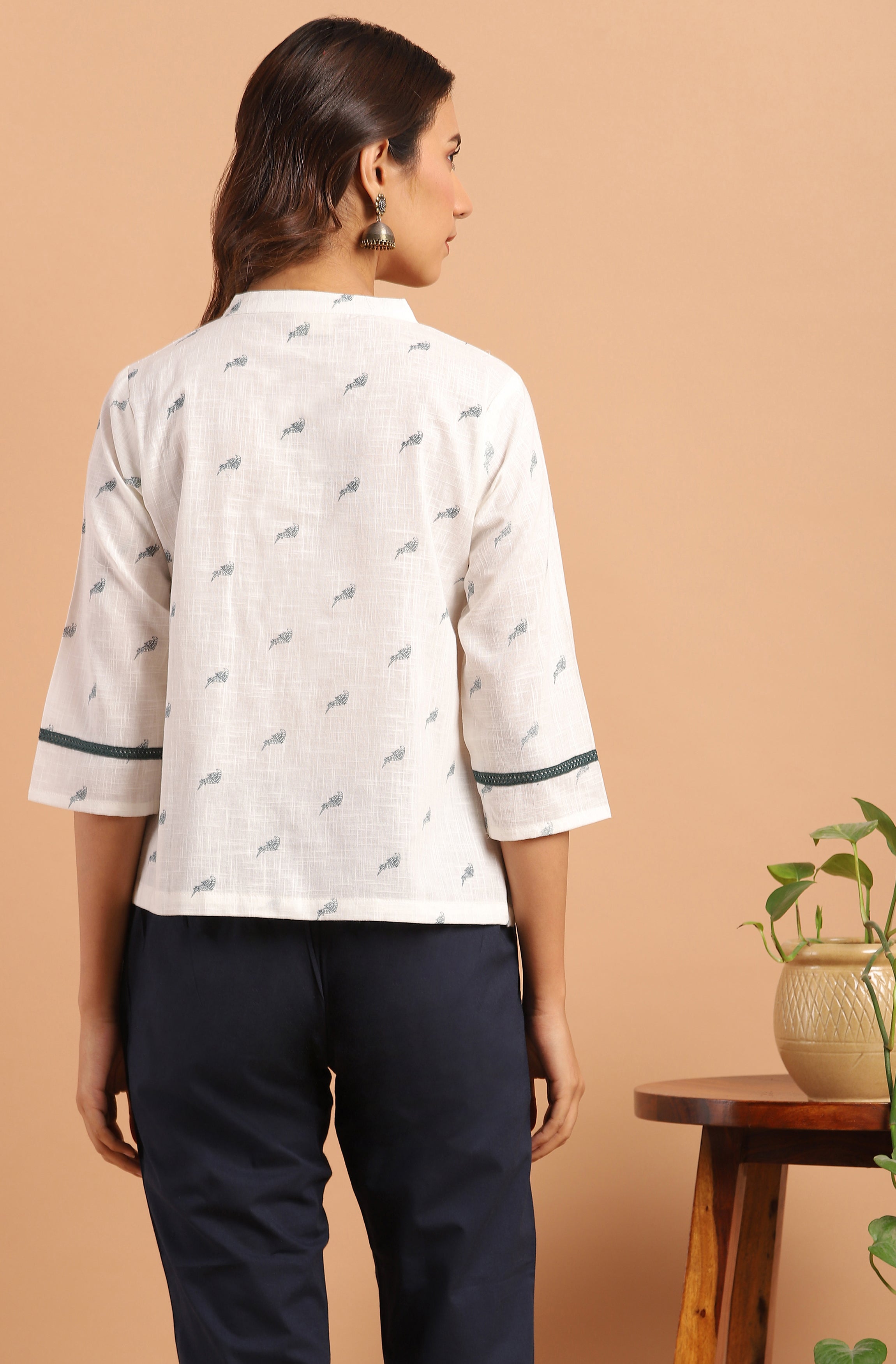 Janasya Women's Off White Cotton Slub Animal Print Shirt Style Top