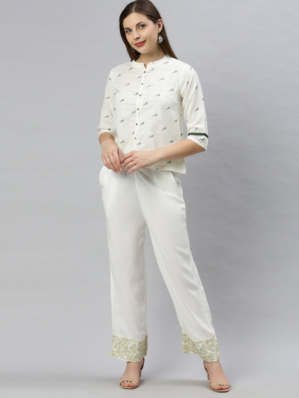 Janasya Women's Off White Cotton Slub Animal Print Shirt Style Top