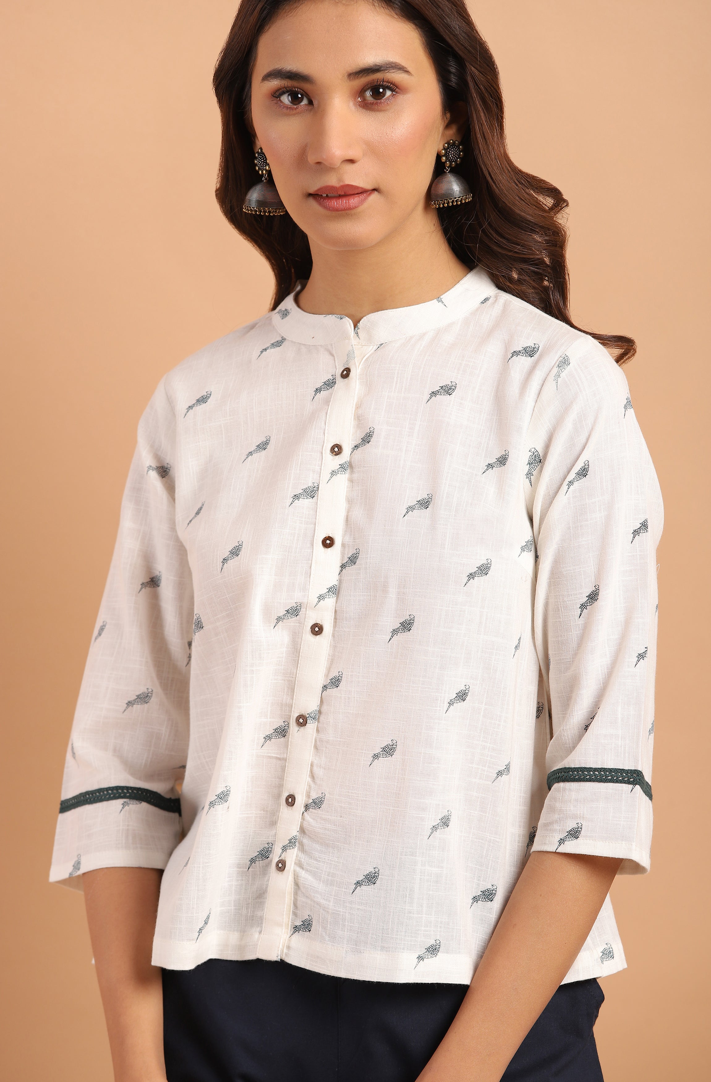 Janasya Women's Off White Cotton Slub Animal Print Shirt Style Top