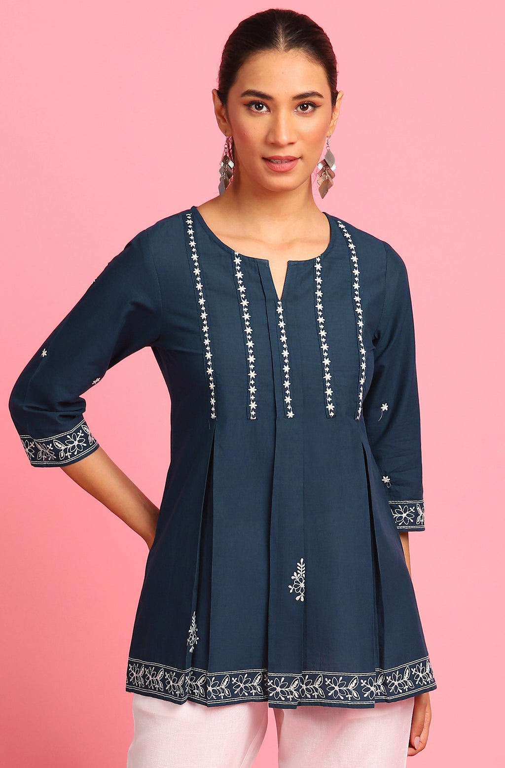 Janasya Women's Navy Blue Cotton Embroidered Trapeze Tunic