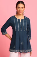 Janasya Women's Navy Blue Cotton Embroidered Trapeze Tunic