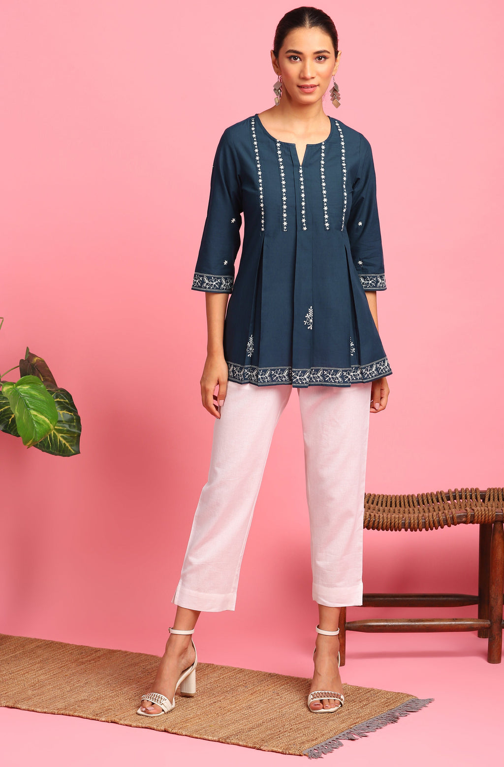 Janasya Women's Navy Blue Cotton Embroidered Trapeze Tunic