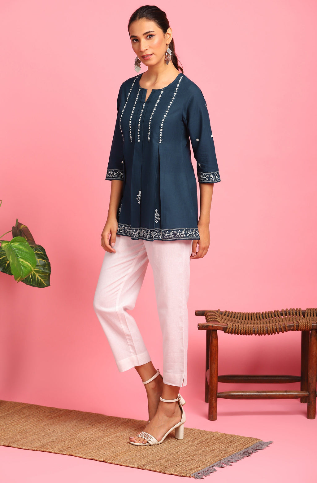 Janasya Women's Navy Blue Cotton Embroidered Trapeze Tunic