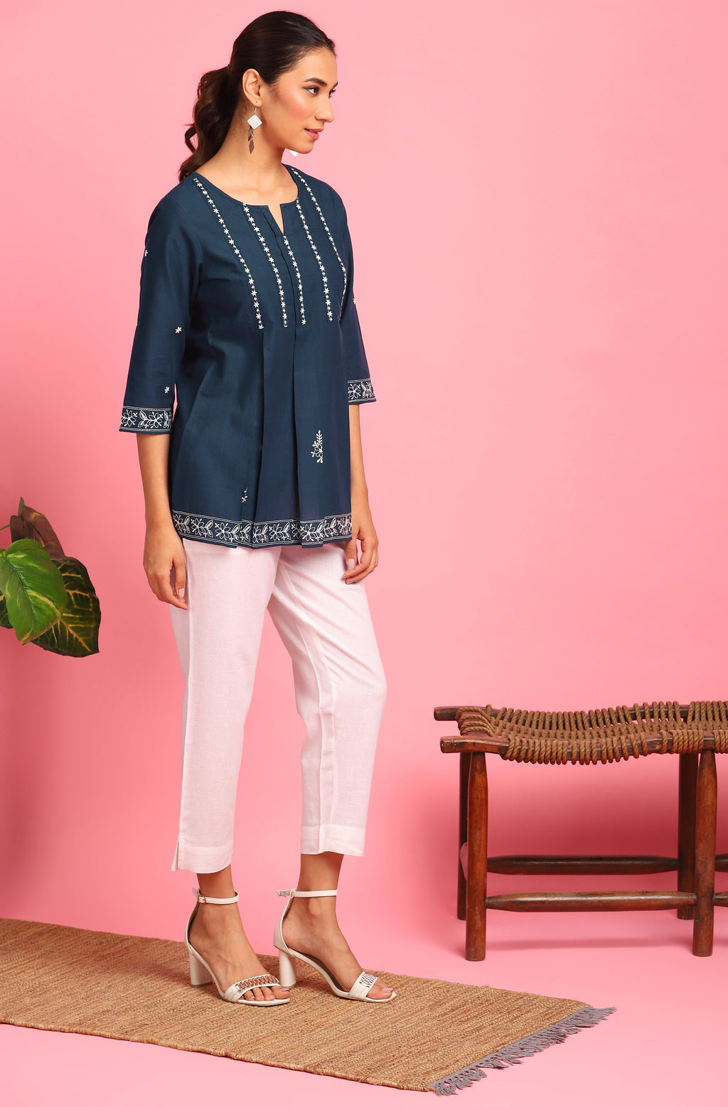 Janasya Women's Navy Blue Cotton Embroidered Trapeze Tunic