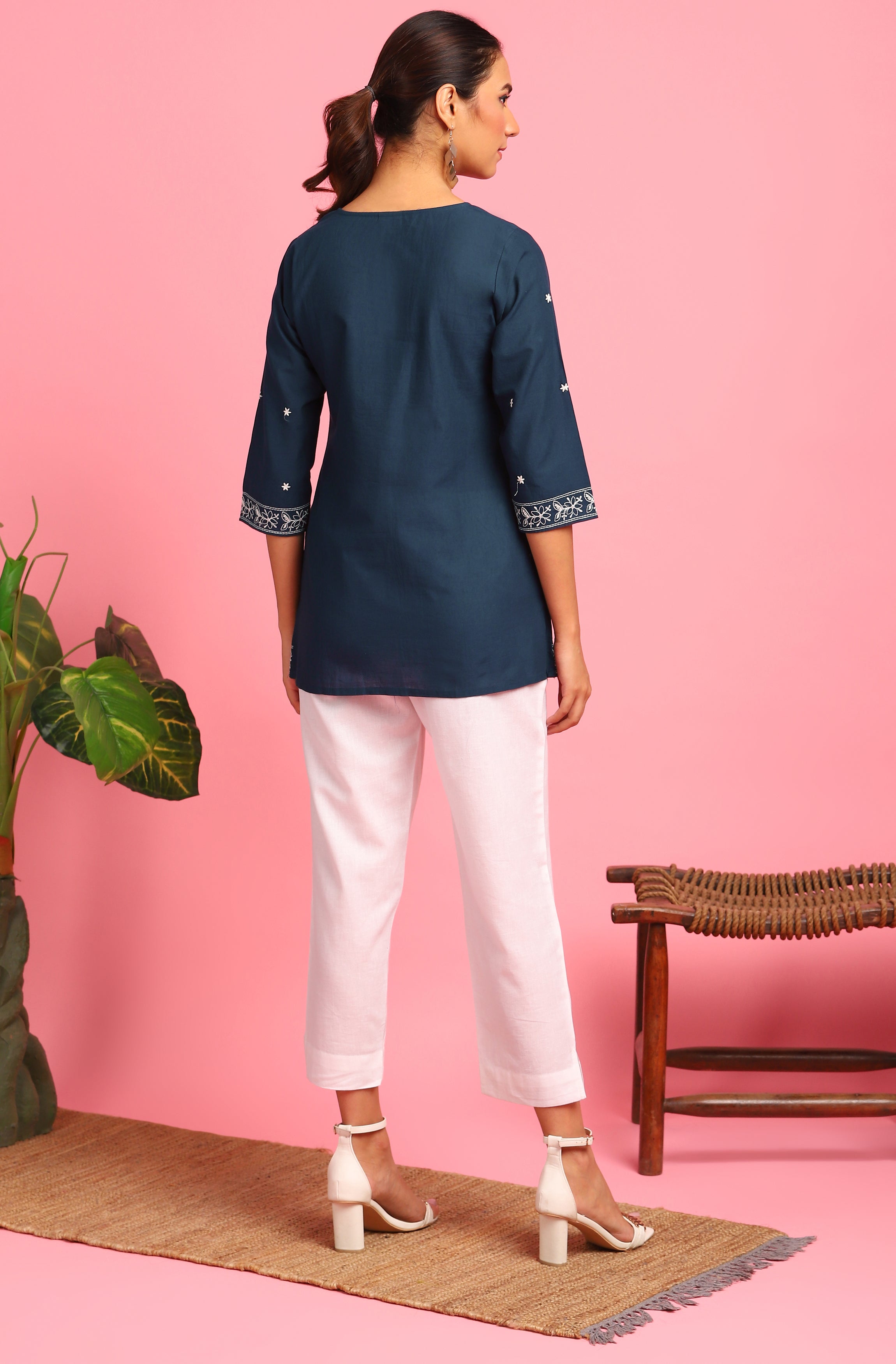 Janasya Women's Navy Blue Cotton Embroidered Trapeze Tunic