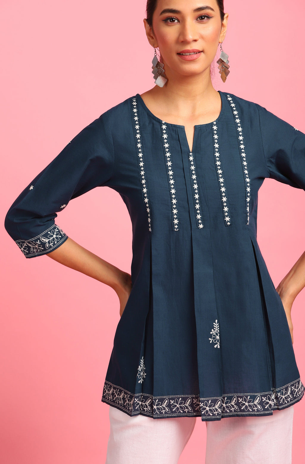 Janasya Women's Navy Blue Cotton Embroidered Trapeze Tunic