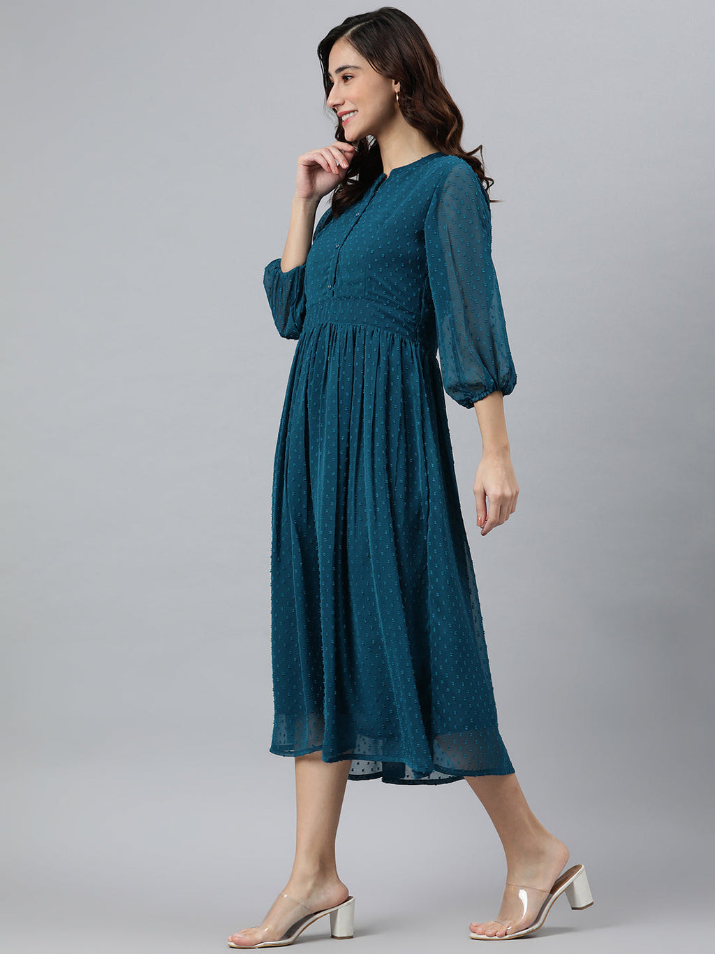 Indian Clothing Janasya Women's Teal Poly Chiffon Self Design Casual Flared kurta