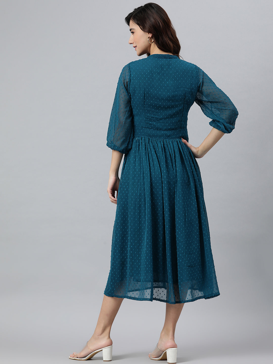 Indian Clothing Janasya Women's Teal Poly Chiffon Self Design Casual Flared kurta