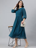 Indian Clothing Janasya Women's Teal Poly Chiffon Self Design Casual Flared kurta