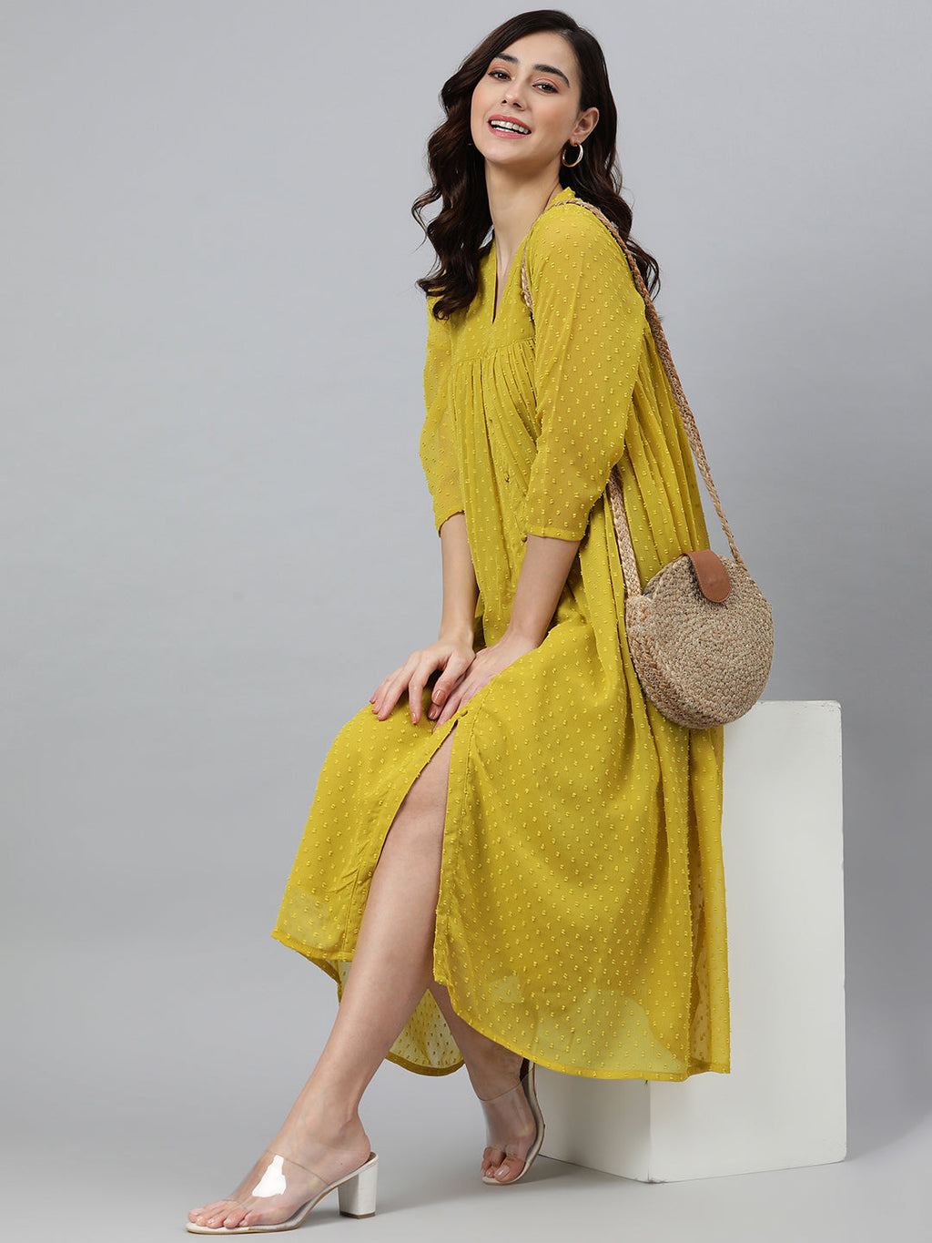 Janasya Mustard Poly Chiffon Self Design Frontslit Kurta