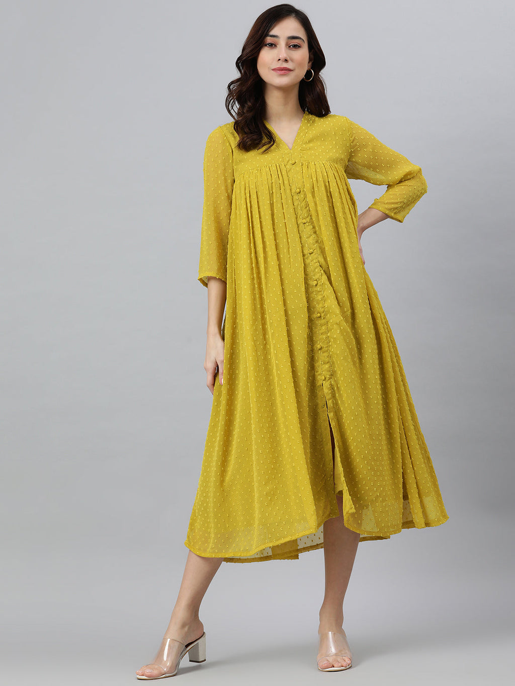 Janasya Mustard Poly Chiffon Self Design Frontslit Kurta