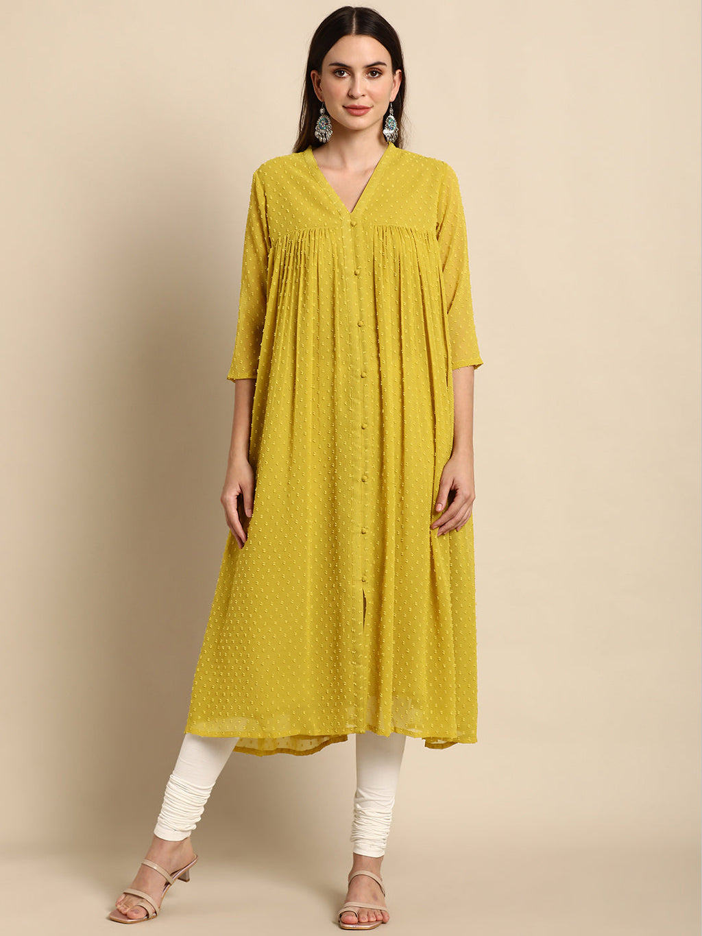 Janasya Mustard Poly Chiffon Self Design Frontslit Kurta