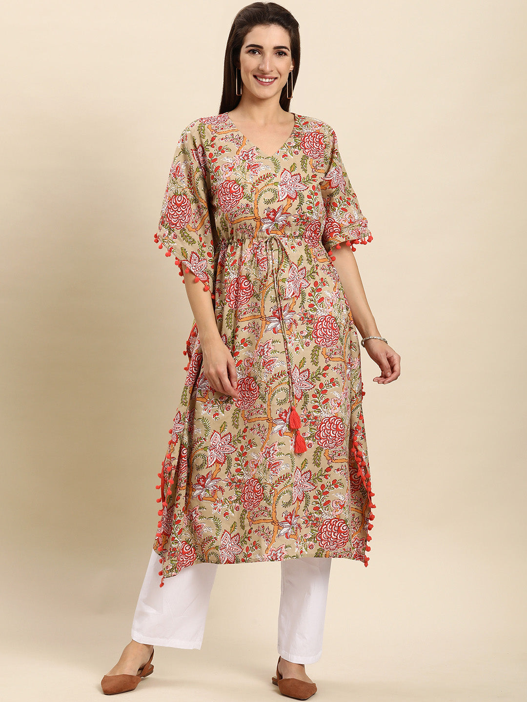 Janasya Women's Beige Cotton Floral Printed Casual Kaftan kurta