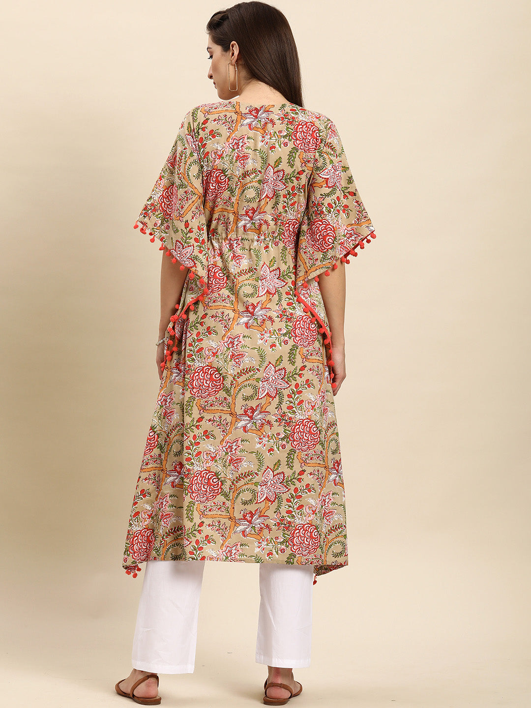 Janasya Women's Beige Cotton Floral Printed Casual Kaftan kurta