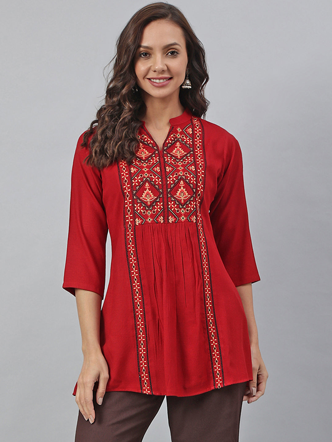 Janasya Women's Maroon Rayon Slub Embroidered A-Line Tunic