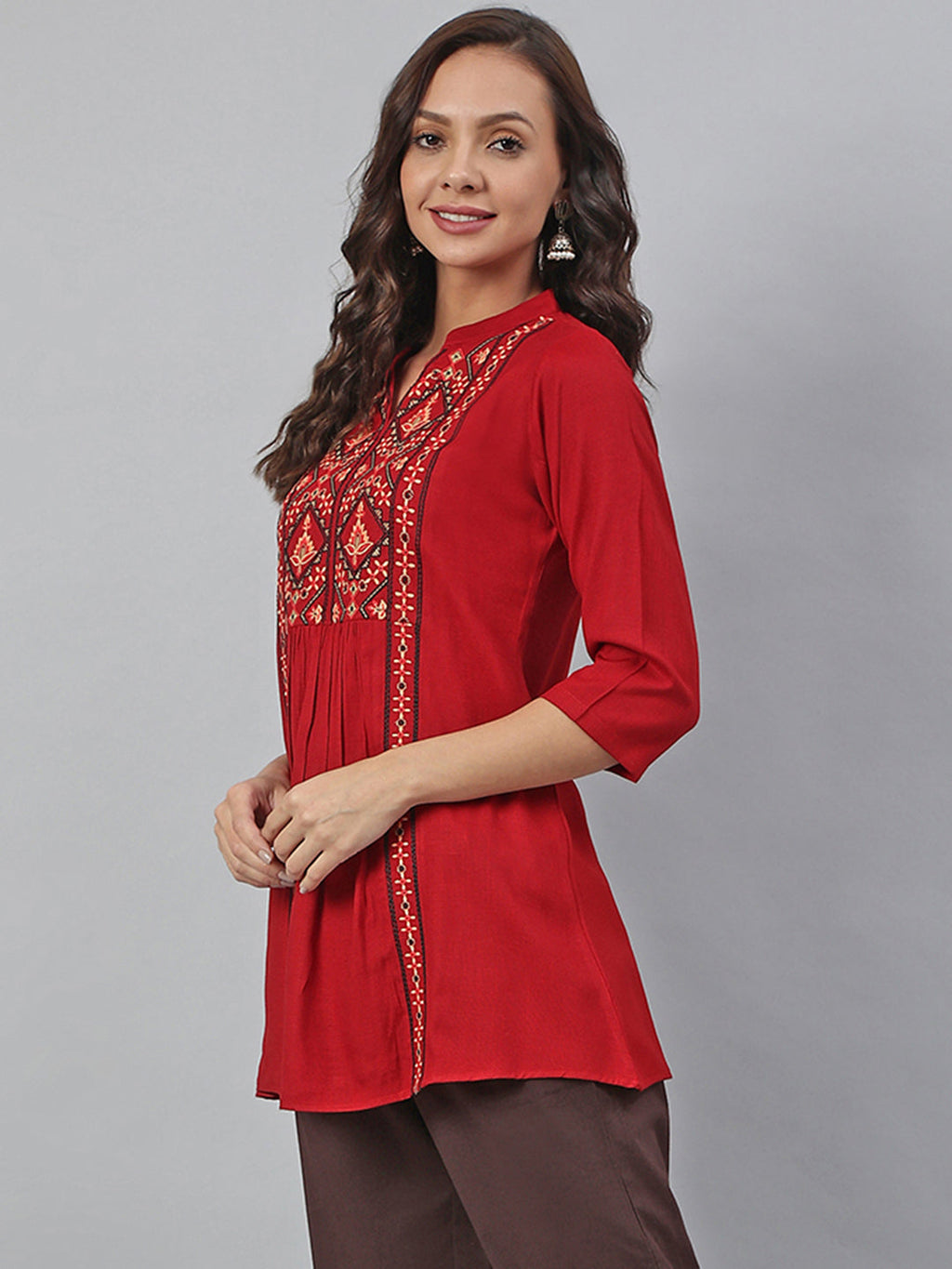 Janasya Women's Maroon Rayon Slub Embroidered A-Line Tunic