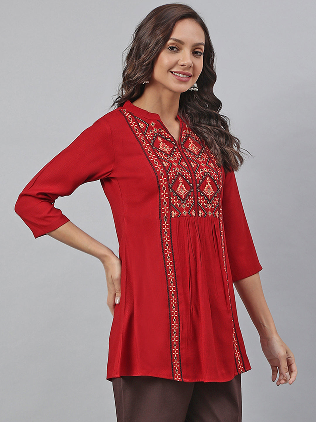 Janasya Women's Maroon Rayon Slub Embroidered A-Line Tunic