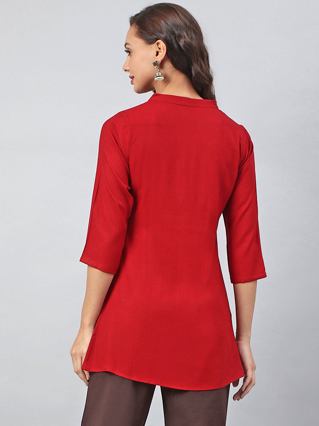 Janasya Women's Maroon Rayon Slub Embroidered A-Line Tunic