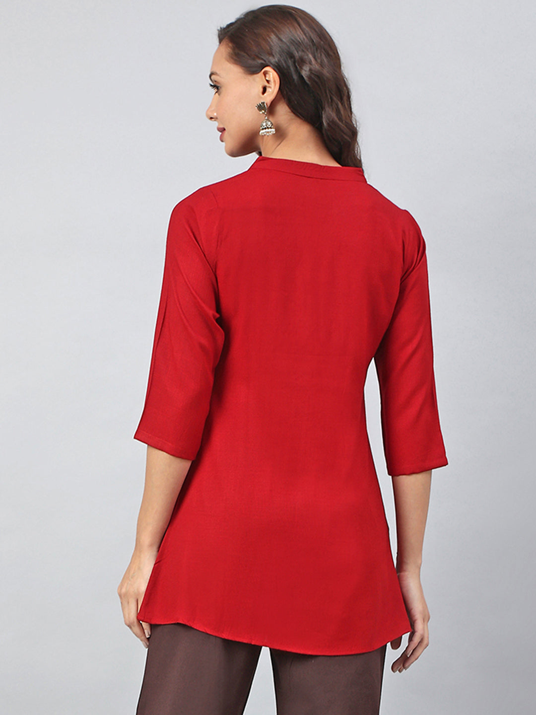 Janasya Women's Maroon Rayon Slub Embroidered A-Line Tunic