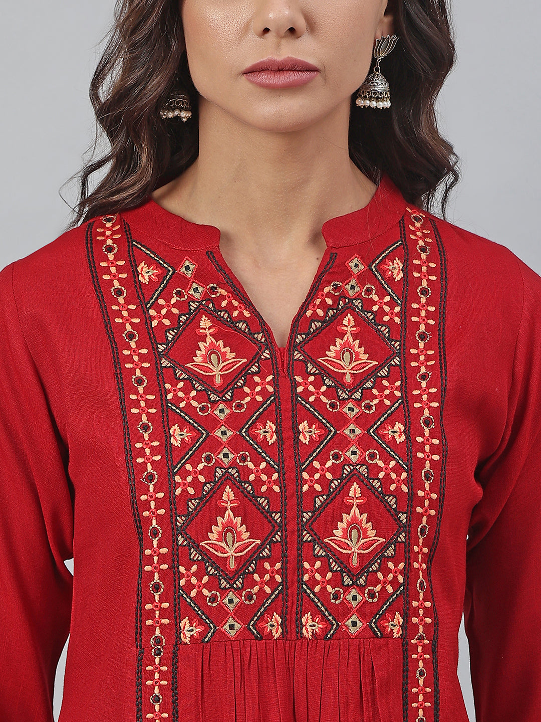 Janasya Women's Maroon Rayon Slub Embroidered A-Line Tunic
