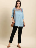 Janasya Women's Light Blue Rayon Slub Embroidered Regular Tunic
