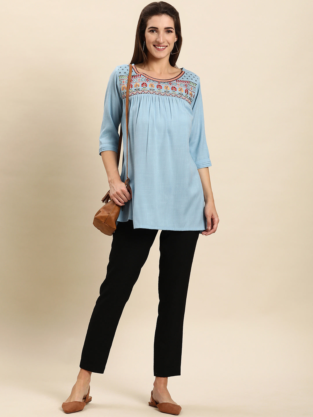 Janasya Women's Light Blue Rayon Slub Embroidered Regular Tunic