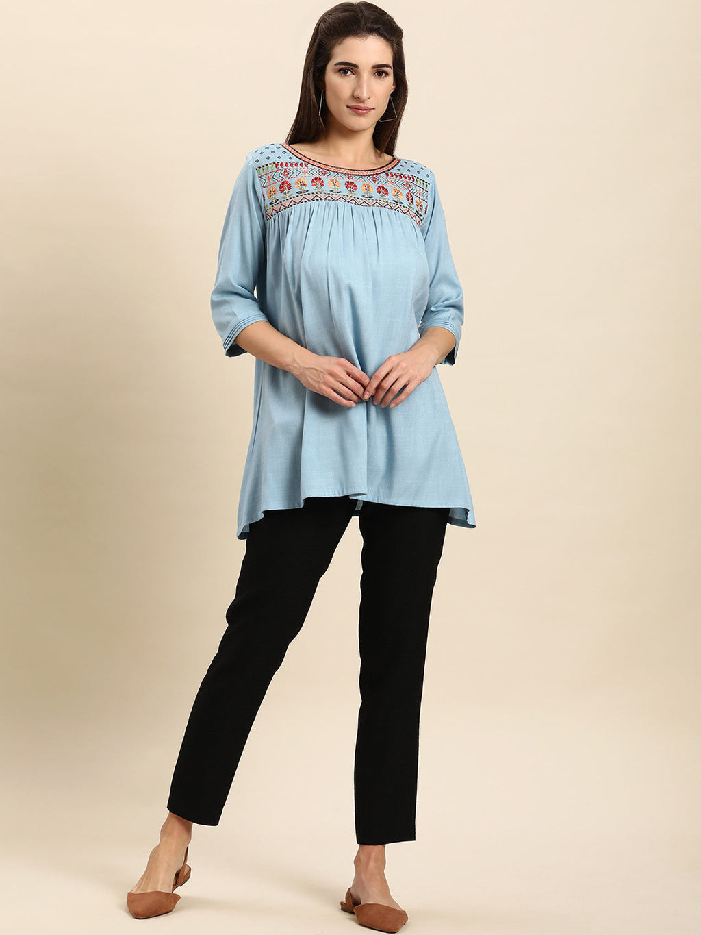 Janasya Women's Light Blue Rayon Slub Embroidered Regular Tunic