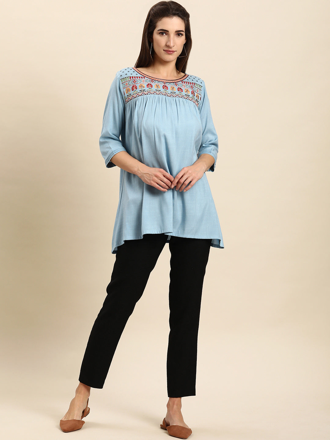 Janasya Women's Light Blue Rayon Slub Embroidered Regular Tunic