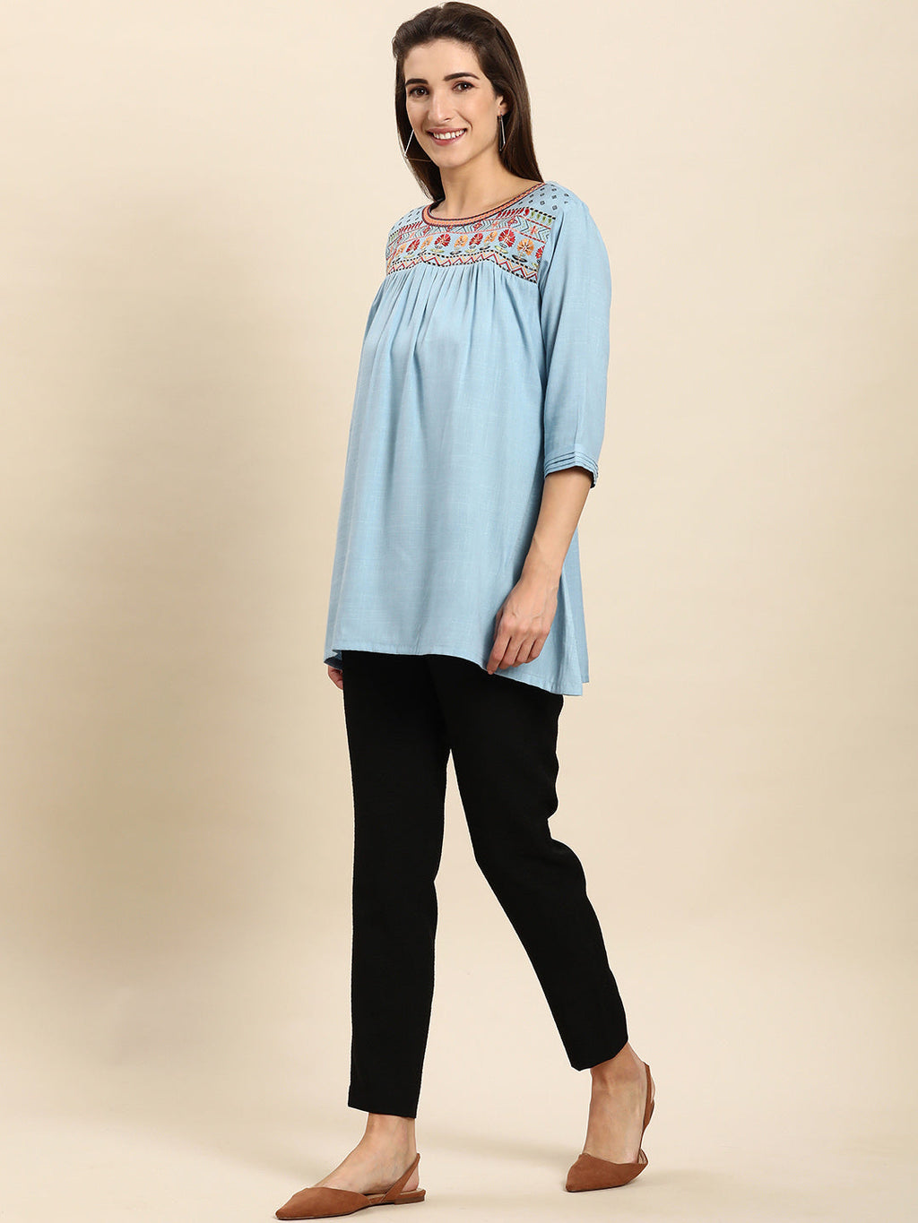 Janasya Women's Light Blue Rayon Slub Embroidered Regular Tunic