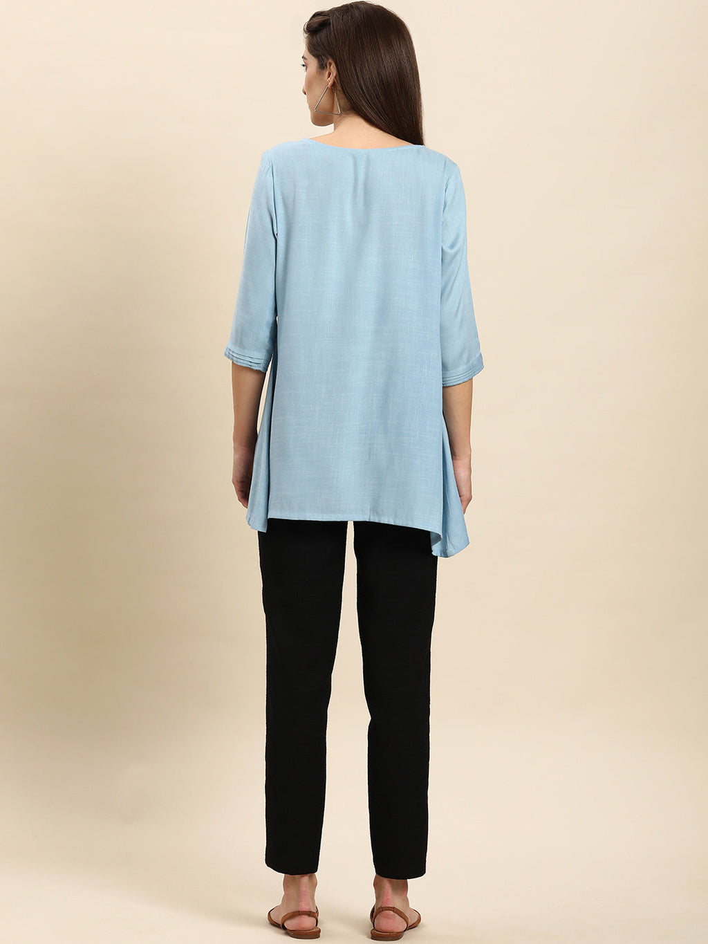 Janasya Women's Light Blue Rayon Slub Embroidered Regular Tunic