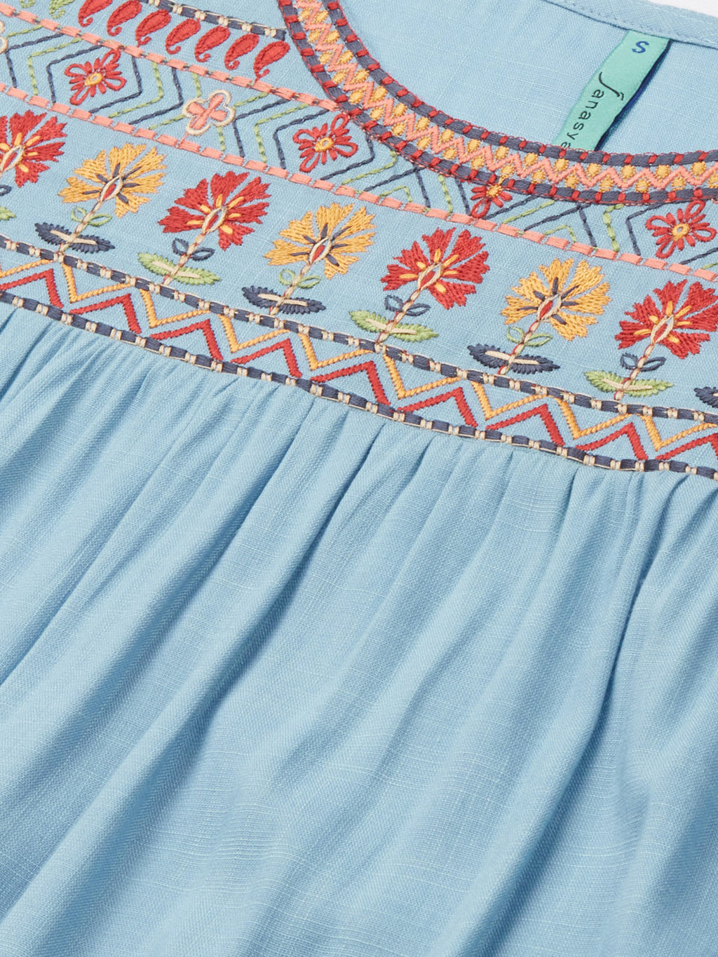 Janasya Women's Light Blue Rayon Slub Embroidered Regular Tunic