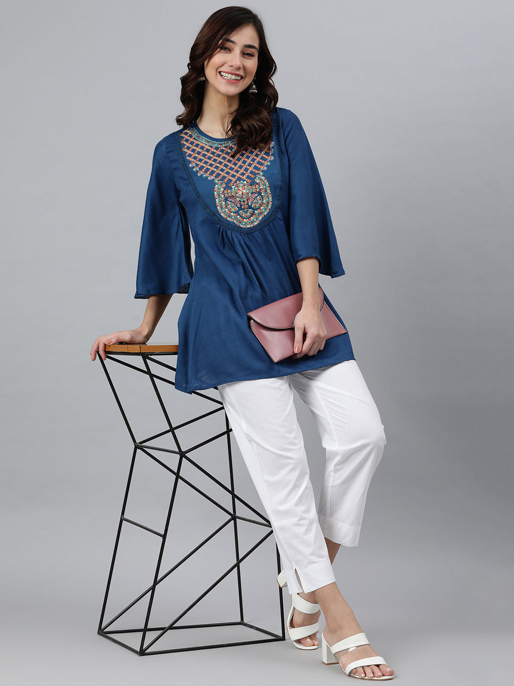Janasya Women's Blue Rayon Slub Embroidered Regular Tunic