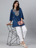 Janasya Women's Blue Rayon Slub Embroidered Regular Tunic