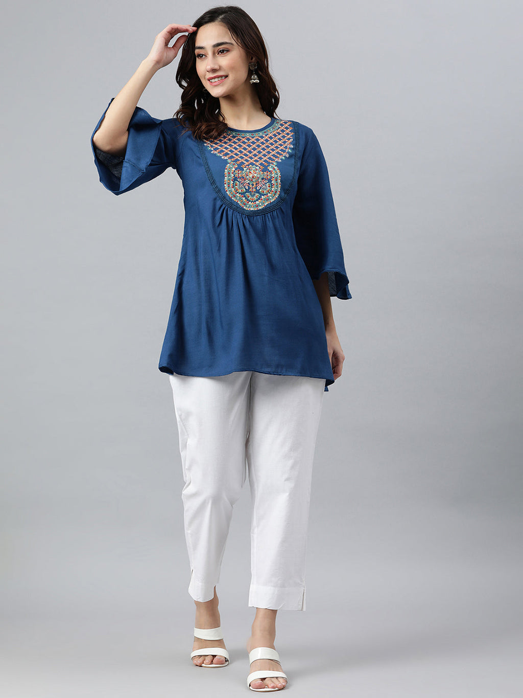Janasya Women's Blue Rayon Slub Embroidered Regular Tunic